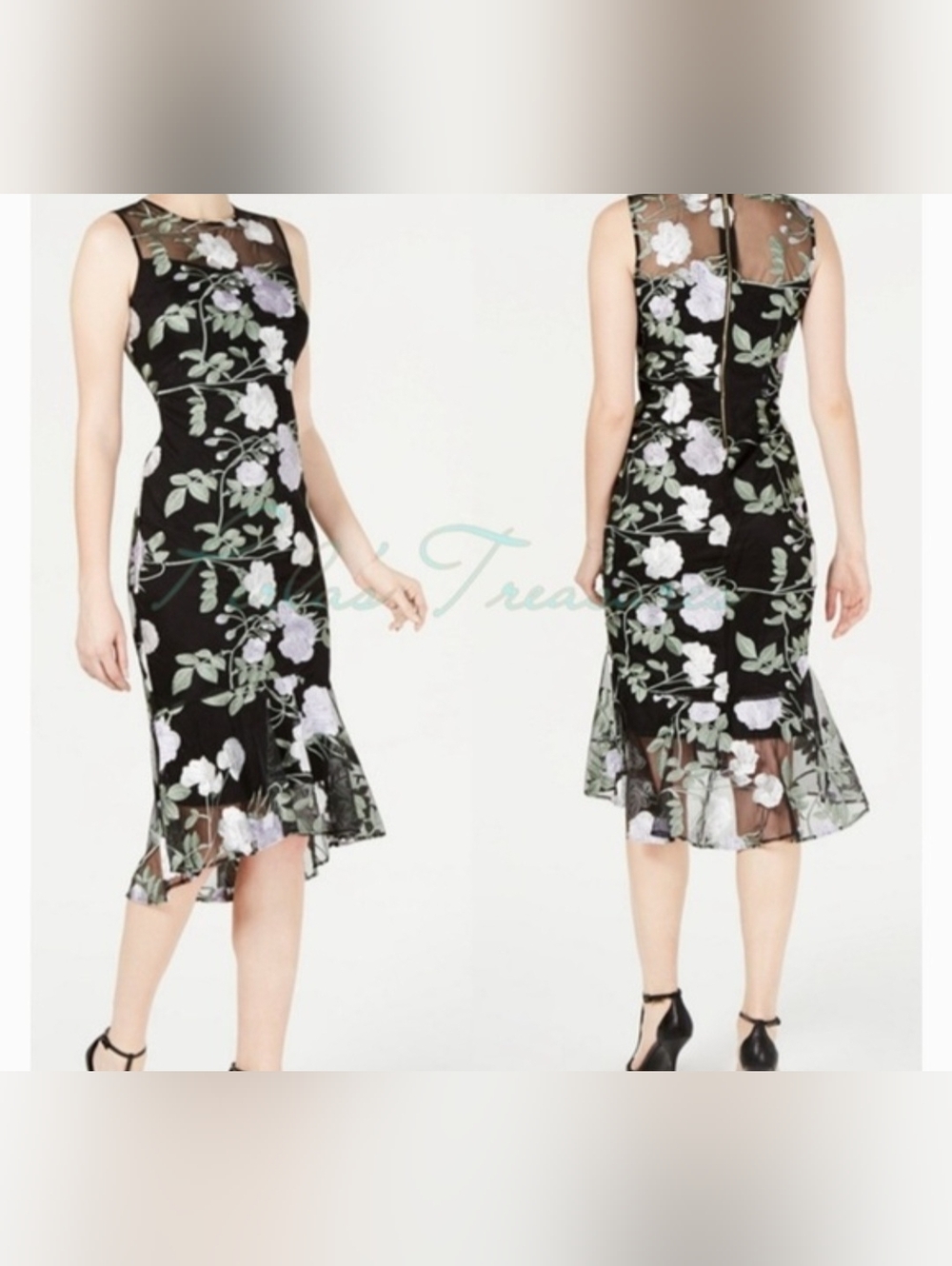 Calvin Klein Black Midi Dress with Lavender & White Floral Embroidery